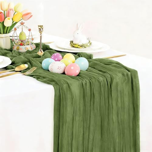 Moss Green Cheesecloth Table Runner Easter Spring Gauze 120 Inch 10 FT Long Rustic Boho Cheese Cloth Runner for Wedding Bridal Shower Birthday Party St. Patrick's Day Decorations