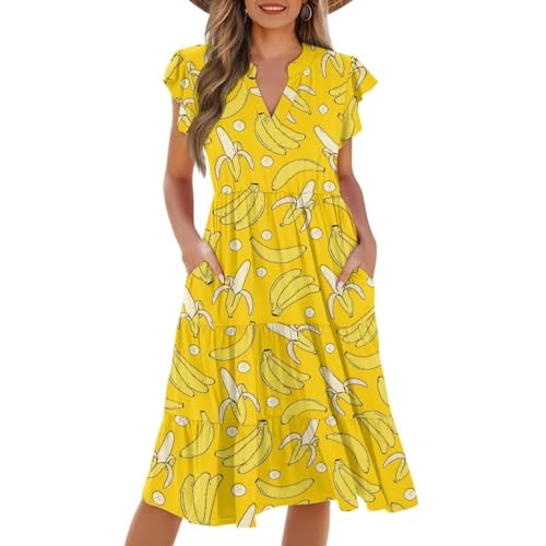 ZWPINITUP Womens Summer Dress Ruffle Sleeve V Neck Dress Casual Fit Flowy Beach Vacation Sundress with Pocket S-2XL, Yellow Banana, S