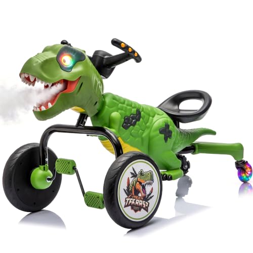 AMZJOY Kids Dinosaur Drift Tricycle, 4-Wheel Ride On Toys with Spray, Roar Sound, LED Lights, Music, 2-in-1 Stable & 360° Spin Mode Pedal Car, Outdoor Play Toy for 3-6 Years Old Boys Girls, Green