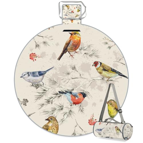 Shimoshe Vintage Bird Picnic Outdoor Blanket Foldable Waterproof Sandproof Beach Blanket Portable Water-Resistant Round Picnic Mat for Travel Camping Park Lawn