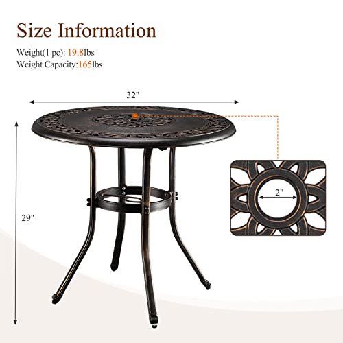 Vingli Outdoor Bistro Table, Outdoor Table With Umbrella Hole Patio Bistro Table, Cast Aluminum Outdoor Dining Table Outdoor Table For Patio Garden Table (32" Diax29 H) #TOP2