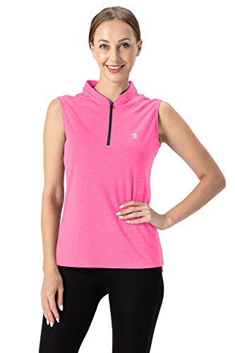 Ysento Women's Dry Fit Tennis Golf Shirts Zip Up Sleeveless Collarless Upf 50+ Yoga Gym Workout Tops Shirts Fluorescence Rose Size M #TOP4