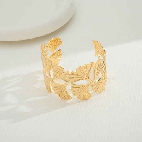 HUAYUNFANG Ginkgo Leaf Gold Cuff Bracelet for Women - Trendy Adjustable Boho Wide Bangle for Chic Style - Image 4