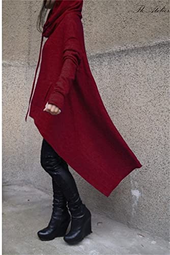 Sweater Hoodies for Women Casual Long Sleeve Irregular Hem Hooded Sweatshirt Pullover Dresses Loose Pocket Hood Tops Wine Red