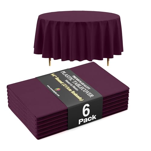 Image of Exquisite 66% Thicker Premium Plum Round Tablecloth 0.5 Mil 6 Pack Plastic Table Cloth Disposable 84 Inch Round Plastic Tablecloth Won't Tear Easily Like Cheap Thin Brands