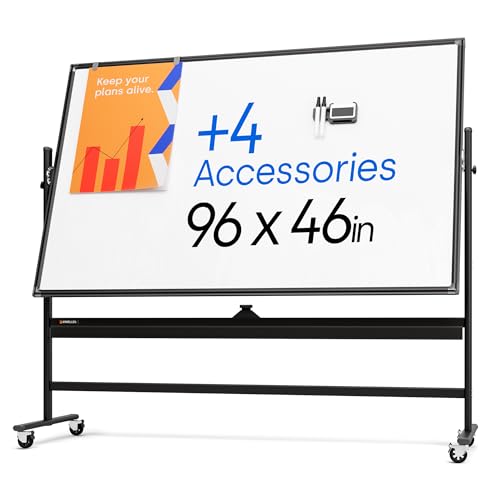 Image of Rolling Dry Erase Board 96 x 46 - Large Portable Magnetic Whiteboard with Stand - Double Sided Easel Style Whiteboard with Wheels - Mobile Standing White Board for Office, Classroom & Home