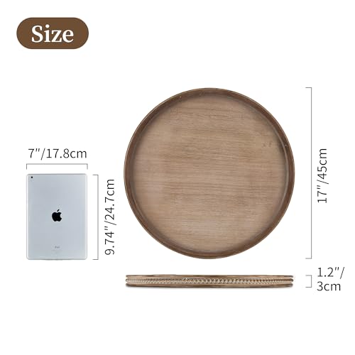 Hanobe Large Round Decorative Tray: 45cm Coffee Table Beaded Tray Vintage Circle Big Wood Trays Decor Rustic Farmhouse Ottoman Centerpiece Serving Home for Counter