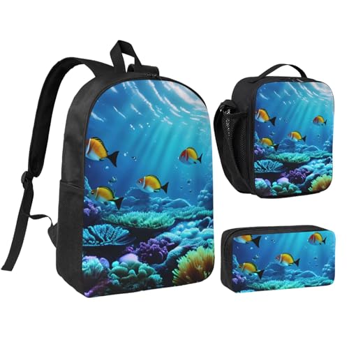 Sac à dos motif paysage sous-marin grand volume avec trousse scolaire