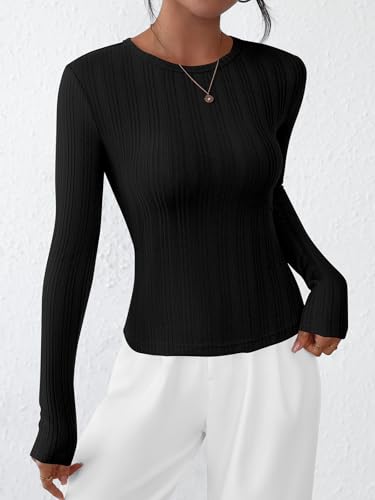 PRETTYGARDEN Crew Neck Long Sleeve Cute Going Out Tops for Women 2025 Casual Basic Slim Fit Womens Pullover Shirts2