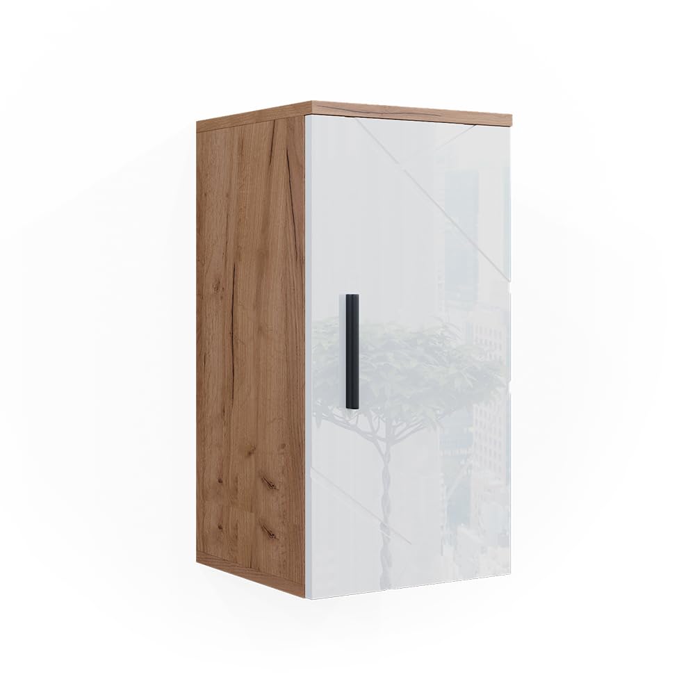 Vicco Badschrank Irma, Weiß Hochglanz/Goldkraft Eiche, 30 x 59 cm mit Regal, zur Wandmontage geeignet und mit weiteren Irma Möbeln kombinierbar