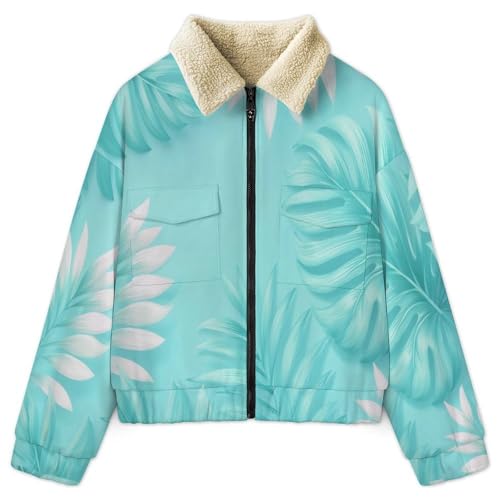 Manteau polaire turquoise à motif palmier pour femme veste d'hiver chaude grand taille