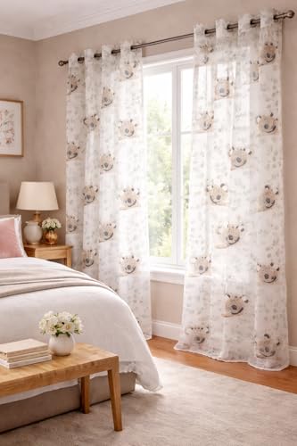 Image of THE LINEN COMPANY Cotton Sheer Printed Curtain for Window Bedroom and Living Roonm Home decor Set of 2 (05 Feet,Mni Koala)