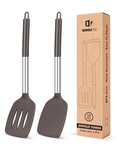 Lot de 2 spatules de cuisine en silicone solide, anti-adhésives, résistantes à la chaleur, sans BPA, idéales pour poisson, œufs, crêpes (chocolat)