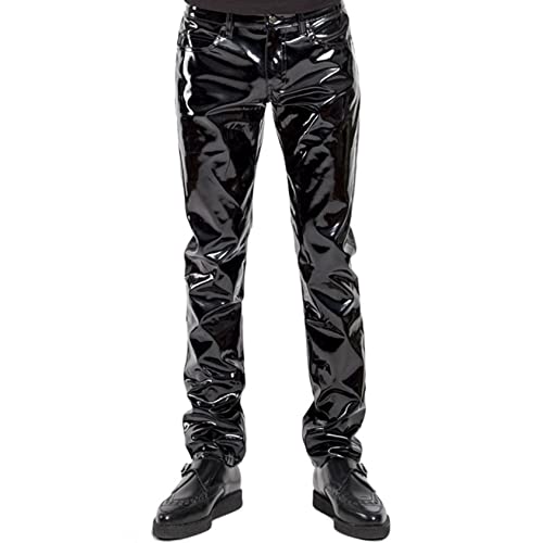 Hedmy Men PVC Leather Wetlook Pants Mid Waist Straight Long Trousers Leggings Motorcycle Biker Pants