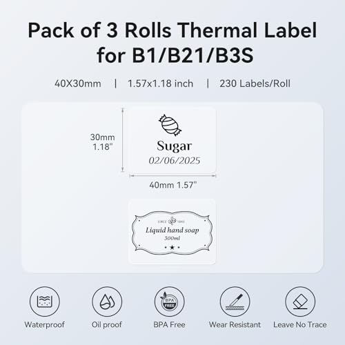 Image of NIIMBOT 3 Rolls Set Label Tape for B1 /B21 /B3S Label Printer, 1.57 inch X 1.18 inch (40x30mm) Waterproof Thermal Label Tape for Kitchen Jar /Address /Barcode /Name Tag (Clear)