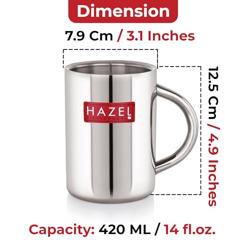 Image of HAZEL Stainless Steel Double Wall Jumbo Big Tea Coffee Milk Serving Mug with Handle, 420 ML