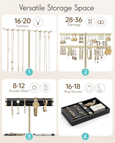 Vlando 3 Tier Jewelry Stand Organizer with Tary, Leather Jewelry Holder Display for Women, Gold Jewlery Holder Display for Necklace, Earring, Bracelet, Rings - Black - Thumbnail 4
