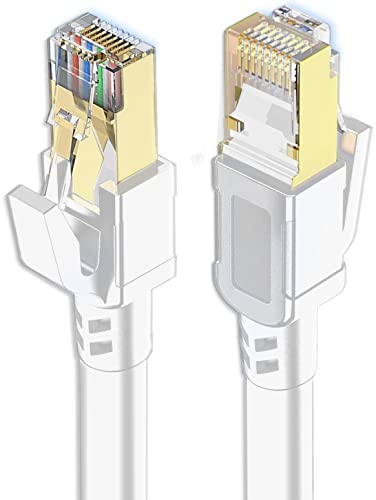 Cat 8 Ethernet Cable 3 ft, Outdoor&Indoor Internet Cable, Shielded High Speed Cat8 LAN Cable, 40Gbps 2000MHz Patch Cord, with Gold Plated RJ45 Connector for Router/Gaming/Xbox/IP Cam/Modem (White)