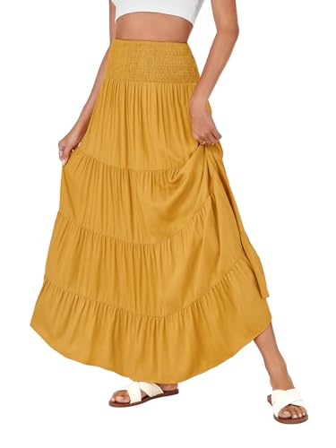 KIFOVEN Women's Elastic High Waist Pleated A-Line Tiered Ruffle Smocked Flowy Maxi Long Skirt Yellow X-Large3
