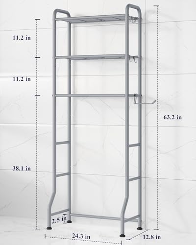 Image of Kitsure Over Toilet Storage Rack, 63.2 inch H Space-Saving, Holder & Hooks | Bathroom, Laundry Room, Small Spaces, Families, Durable Metal, Grey, 3 Tier