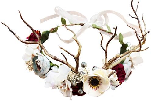 Vivivalue Deer Flower Crown Boho Flower Headband Hair Wreath Floral Headpiece Halo with Ribbon Wedding Party Festival Photos