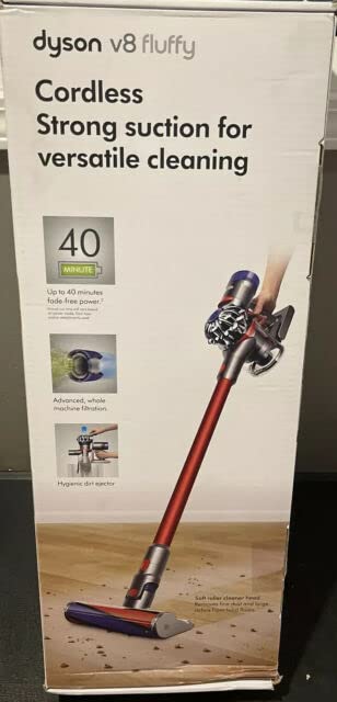 Dyson V8 Fluffy Cordless Stick Vacuum Cleaner I Bagless I HEPA Filter I Rotating Brushes I Battery Operated I Telescopic Handle I Direct-Drive Cleaner Head I Red + USB-C Adapter