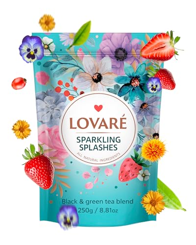LOVARE Sparkling Splashes Tea Pouch - Loose Leaf Tea 250 g - Made in Ukraine - Doypack with Black and Green Tea, Strawberry, Cornflower and Safflower Petals, Goji Berries - tea Lovers Gift