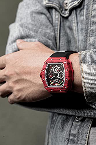 FANMIS Mens Luxury Tonneau Square Watches Analog Punk Chronograph Unique Sports Wrist Watch Japanese Movement Luminous Design with Rubber Band