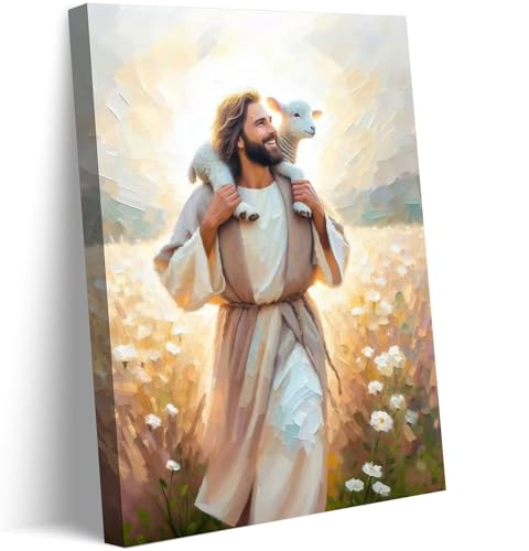GKQNMU Jesus Carrying The Lamb Canvas Wall Art Jesus leaves the 99 sheep Wall Decor Picture Christ the Good Shepherd Printed Painting for Living room bedroom church Decoration Ready to Hang