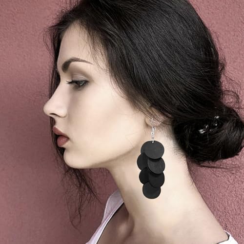 Handmade Bohemian Wooden Round Geometry Dangle Drop Earrings Long Chain Wood Disc Circle Hook Earrings For Women2