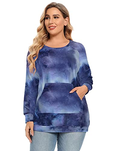 LARACE Crewneck Sweatshirts for Women Tie Dye Shirts with Pocket Plus Size Tunic Tops Long Sleeve Raglan Tee(E-Violet 1X)