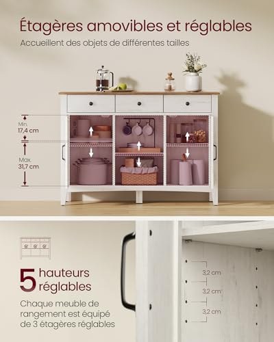 Buffet bois 3 tiroirs style campagne, étagère réglable VASAGLE