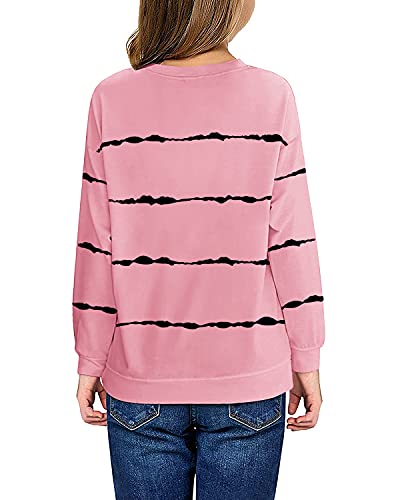 Haloumoning Girls Striped Color Block Sweatshirts Kids Tie Dye Crewneck Long Sleeve Pullover Tops 4-15 Years A-Pink #TOP1