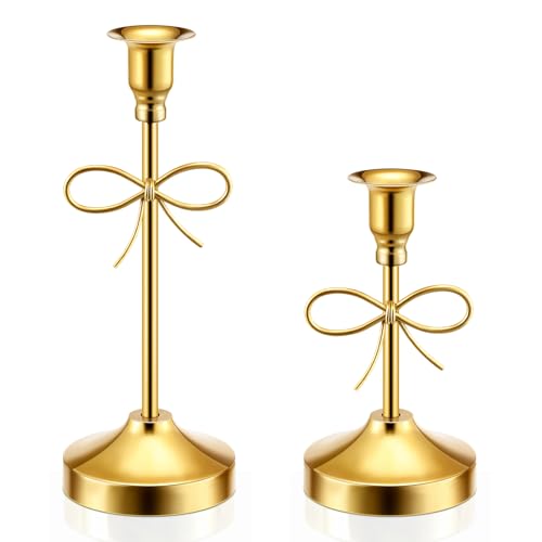 FoldTier Gold Bow Candle Holders Set of 2 Metal Taper Candle Stands with Bow Design Vintage Modern Decorative Candlesticks Holders for Dining Table Wedding Fireplace Holiday & Christmas Decorations