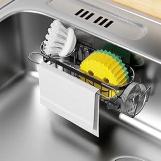 Cisily Kitchen Sink Caddy Sponge Holder in The Sink, Stainless Steel Kitchen Sink Organizer, Brush Holder, Dish Cloth Hanger, Sink Stopper Holder with 2 Installation Ways (Black)