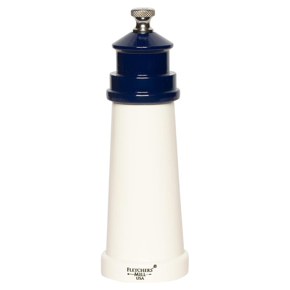 Fletchers' Mill Lighthouse Pepper Mill, White/Cobalt - 6 Inch, Adjustable Coarseness Fine to Coarse, Made in U.S.A.