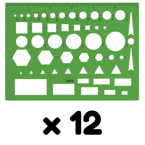 Image of Westcott T-816 All-Purpose Technical Drawing Template, 12 Count | Plastic Shape Template Tool, Green, 4.5 inch x 6.25 inch