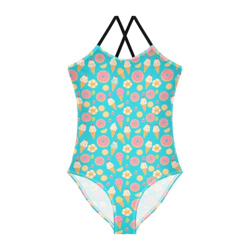senya Girls Swimsuits One-Piece Swimwear Tie Bathing Suit Beach Summer Round Neck 5-6T Ice Cream Donuts Pattern