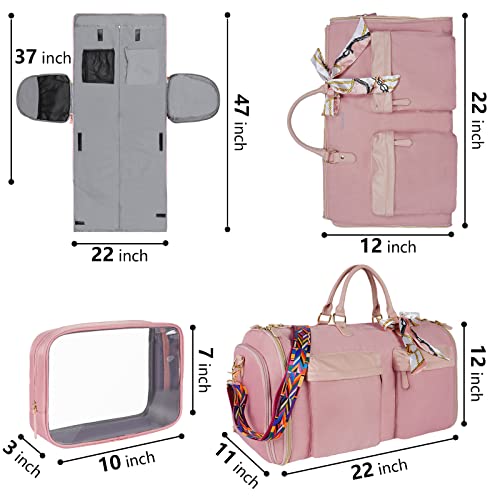 Carry On Garment Bag For Women, Durable Travel Garment Duffle Bag With Toiletry Bag & Shoe Compartment, Convertible 2 In 1 Suit Travel Carrier With Shoulder Strap, Large Dress Weekender Suitcase, Pink #TOP4