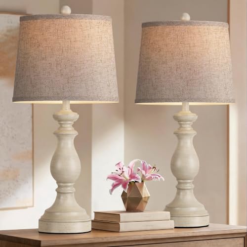 Image of PARTPHONER Traditional Table Lamp Set of 2, Rustic Farmhouse Table Lamps for Living Room Bedroom, 27 inch Bedside Desk Lamps Vintage Nightstand Lamps with Linen Shades, Antique White