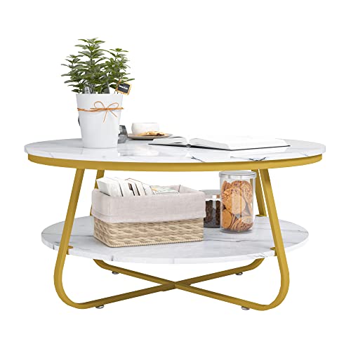Elephance Modern Round Coffee Table With Storage, 35.4 Inch Faux Marble Coffee Table With Strong Metal Gold Frame For Living Room, Dining Room #TOP11