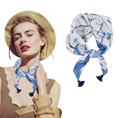 Luxvara Écharpe Mousseline Carrée Femme, Écharpe Rétro, Léger et Doux Foulard, 4 Saisons Foulard Wrap, 60 x 60 cm (Bleu)