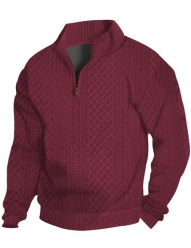 QOSOQ Men's Quarter Zip Sweatshirt Pullover Sweater Casual Long Sleeve Stand Collar Quarter Sweaters Burgundy