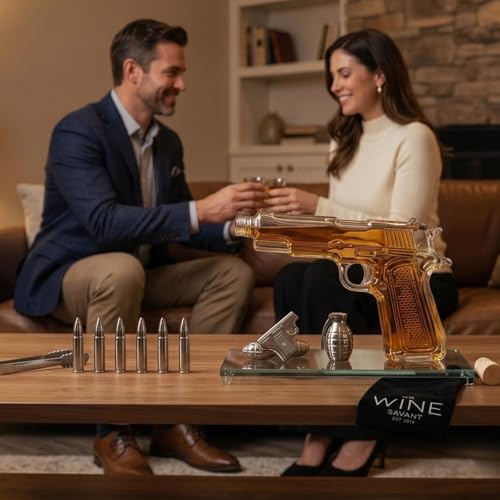 Image of Bullet Whiskey Stones with Vintage Wooden Case, 9oz Gun Decanter, Stainless Steel Ice Cubes Chilling Bullets, Grenades, Pistol, Tongs, Velvet Bag Whiskey Gift Set for Men, Dad, Husband, Boyfriend Cool