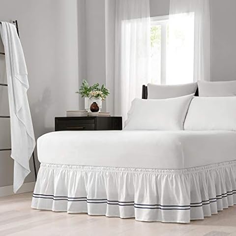 EASY FIT Baratta Elastic Wrap Around Bed Skirt, Easy On/Off Dust Ruffle (18 Inch Drop), Twin/Full, Navy Cover