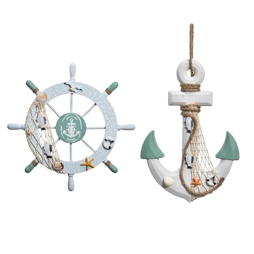 2 Pack 11" Nautical Beach Wooden Ship Wheel and 13" Wooden Anchor with Rope Nautical Boat Steering Wheel Rudder Anchor Wall Art Decor Door Hanging Ornament Beach Theme Home Decoration (White&Blue)
