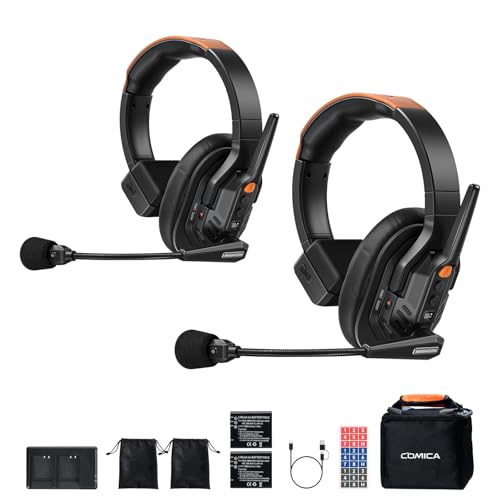 COMICA Seekcom S1 Wireless Intercom Headset System, 2.4GHz Full-Duplex Communication Headsets with 500m/1640ft Range, Noise Reduction, One-Key Broadcasting & Talk Modes for Live Show, Events (2 Sets)