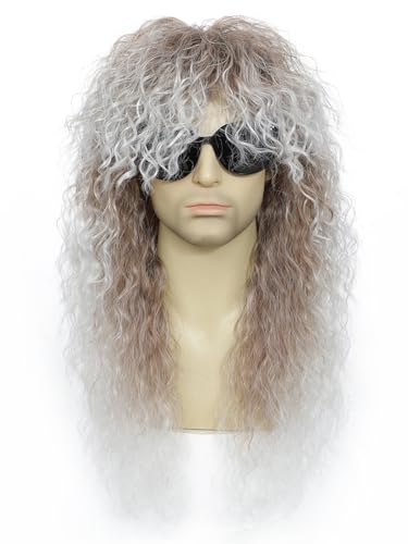 Image of Men's 80s Rocker Mullet Wig, Long Curly Fluffy Synthetic Hair Wig, Retro Heavy Metal Rockstar Wig for Halloween, Cosplay, 80s Theme Party, Disco Punk Costume (Brown with White)