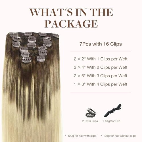 Image of GOO GOO Clip in Hair Extensions Real Human Hair, Remy Human Hair Extensions Clip ins for Women, Natural Human Hair, 22inch 120g 7Pcs, 4 /18 Balayage Chocolate Brown Highlighted Dirty Blonde