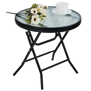PHI VILLA Ronde klaptafel van glas en metaal, salontafel, kleine balkontafel, weerbestendig, gemakkelijk te reinigen, voor balkon, tuin, terras, woonkamer